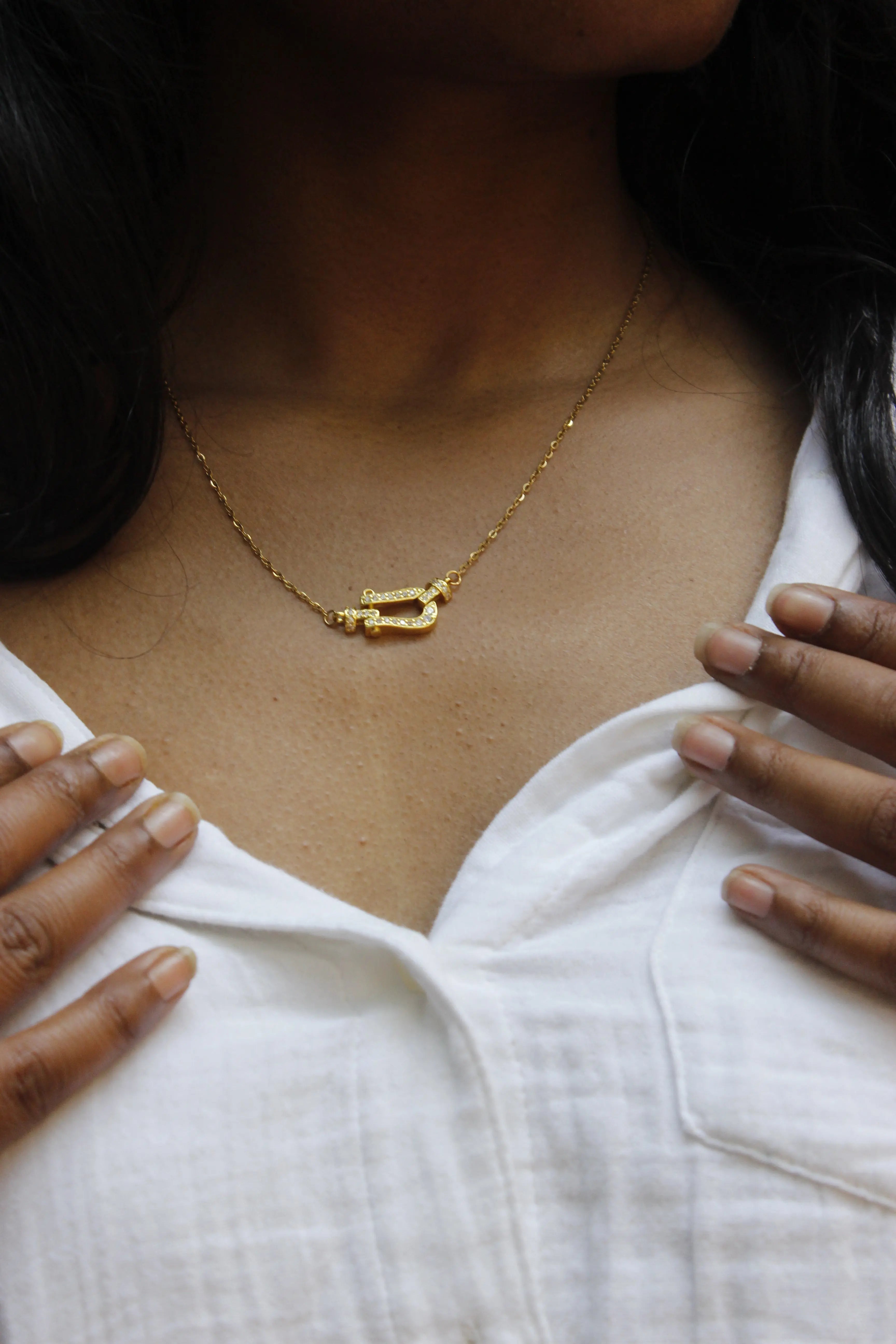Ona Jwelix Lucia Emos Necklace worn view elegant thin chain necklace India